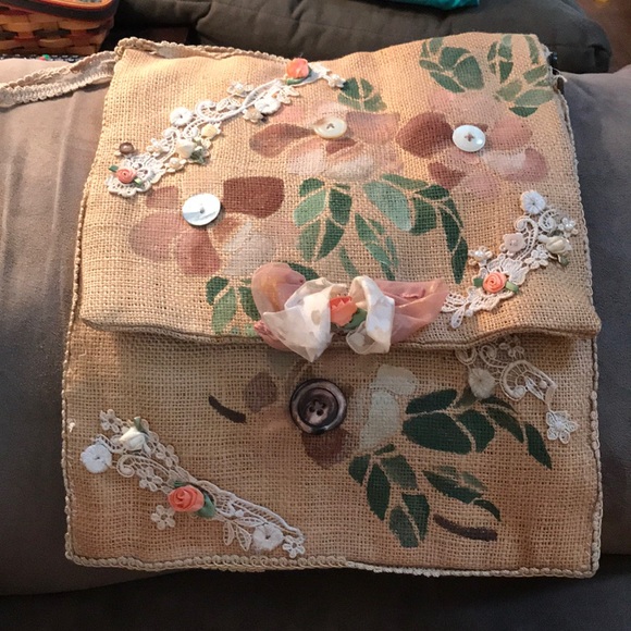 Hand Painted Floral Burlap Messenger Bag - Picture 1 of 5